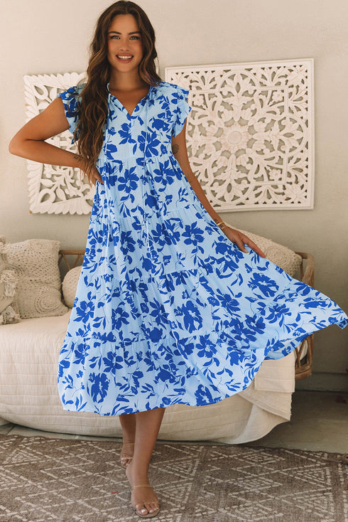 Floral Print Tiered Frilled Trim Flutter Sleeve Maxi Dress